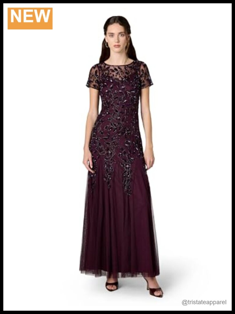 Floral Beaded Godet Gown Illusion Neckline Short Sleeve Formal Evening Dress
